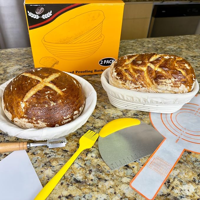 Banneton Basket Set of 2, 10" Oval & 9.7" Round Banneton Bread Proofing Basket with Liners, Bread Lame, Silicone Baking Mat, Danish Whisk, Brush, Proofing Bowls Sourdough Starter Kit Tools