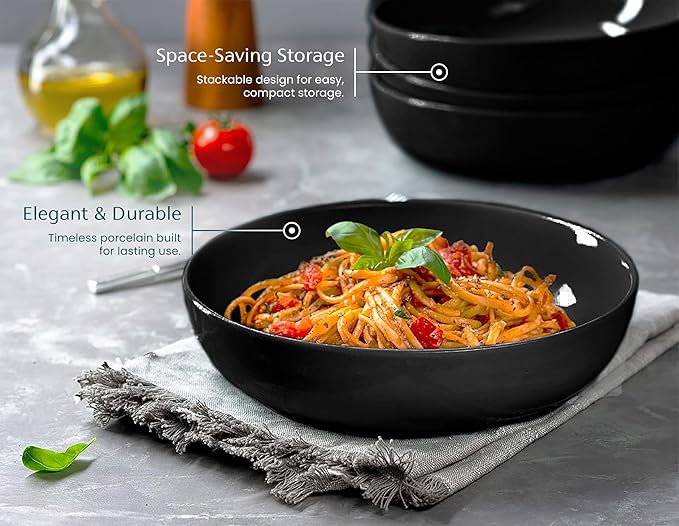 KooK Pasta Bowl, Salad Bowls, Soup, Serving Bowls, Ceramic, Large Capacity, Microwave & Dishwasher Safe, Set of 4, 40 Oz,(Black)