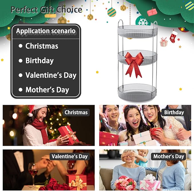 Rotating Makeup Organizer for Vanity, High-Capacity Skincare Clear Make Up Storage Perfume Organizers Cosmetic Dresser Organizer Countertop 360 Spinning (Gray, 3 Tier)-BrightBean Baby