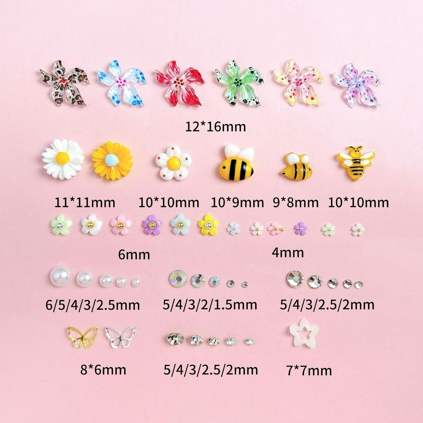 Flowers Nail Charms and Gems, Cute 3D Bee Daisy Hawaii Flowers Nail Art Charms for Acrylic Nails, Gold Silver Butterfly Nail Rhinestone and Charms,White Flatback Pearl Nail Charms Manicure DIY Crafts-BrightBean Baby