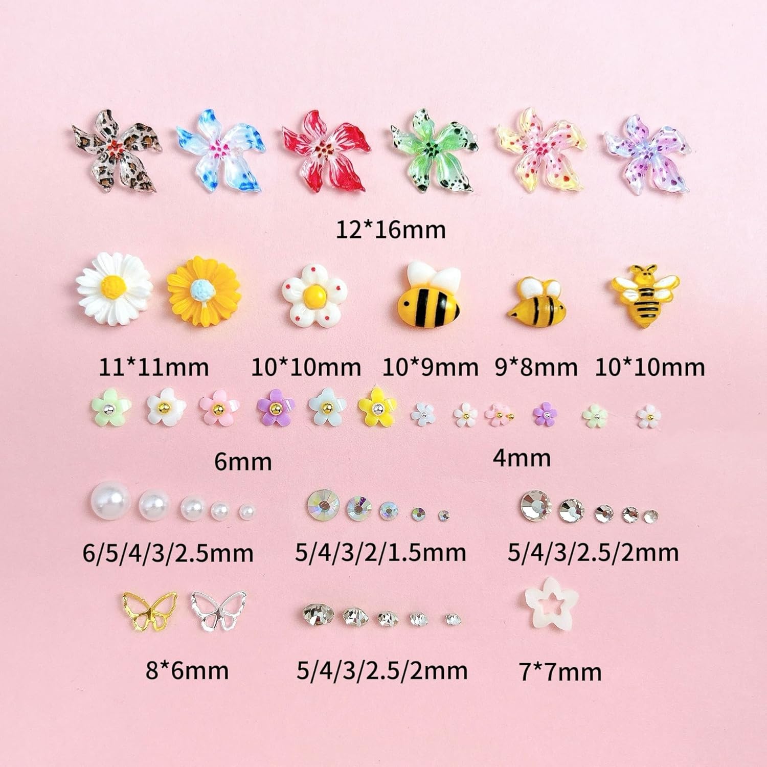 Flowers Nail Charms and Gems, Cute 3D Bee Daisy Hawaii Flowers Nail Art Charms for Acrylic Nails, Gold Silver Butterfly Nail Rhinestone and Charms,White Flatback Pearl Nail Charms Manicure DIY Crafts-BrightBean Baby
