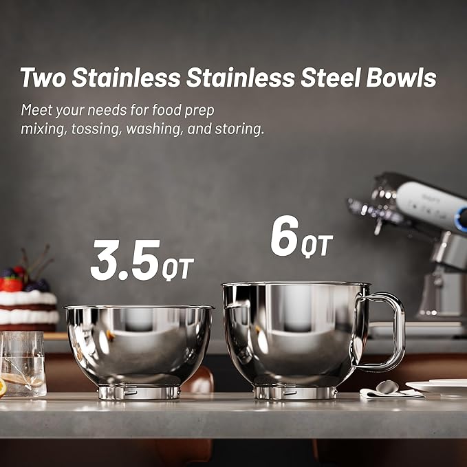 Stand Mixer, 3.5QT+6QT Two Bowls Kitchen Electric Mixer, 600W 6+P speed Tilt-Head Food Mixer with Stainless Steel Bowl, Dishwasher-Safe Dough Hook, Flat Beater, Wire Whisk, Splash Guard, Grey