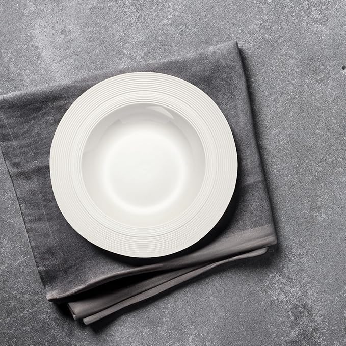 JUAN & JASMIN 24 oz Soup Bowl Set, 9.5 inch, Ribbed Rim Design, 2-Piece, Deep Dish Plate- Ideal Serving for Soup, Pasta, Dessert and Salad, Microwave & Dishwasher Safe