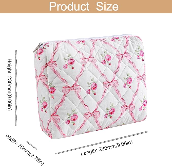 Makeup Bag Travel Cosmetic Bag for Women Girls, Zipper Make Up Pouch, Floral Flowers Toiletry Organizer Makeup, Portable Storage Bag, Cosmetic Travel Cloth Bag (2 Pack (L+S)/Pink Bowknot)-BrightBean Baby
