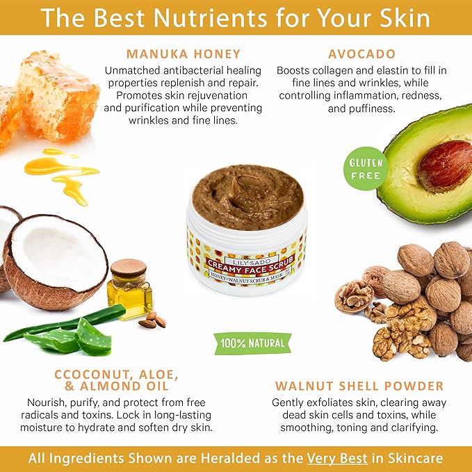 LILY SADO HONEY WALNUT Creamy Face Scrub - Best Exfoliating Facial Cleanser for Women & Men - Gently Exfoliates, Softens & Energizes Skin, Treats Acne, Reduces Pore Size - For All Skin Types - 4 oz-BrightBean Baby