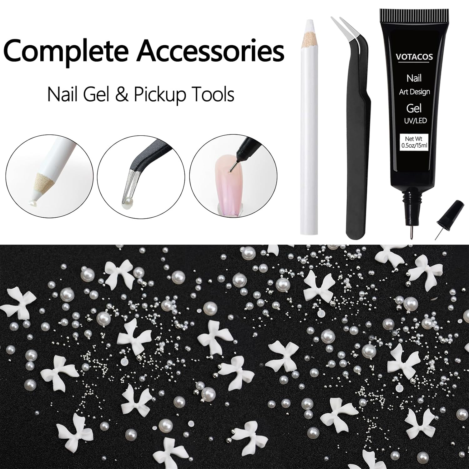 Nail Art Charms White Bow Nail Rhinestones with Glue Gel Flatback Pearls Luxurious Nails Gems Supplies Accessories White Silver Jewelry Pearls for Women Nails DIY Design-BrightBean Baby