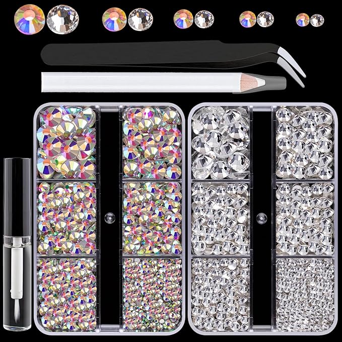 Colorful Face Gems for Makeup Set, Flatback Gorgeous Charming AB Glass Gems, Clear Glass Gems with Picker Pencil, Makeup Glue, Tweezer for Eye Body Hair Make-up and Nail Art Deco-BrightBean Baby