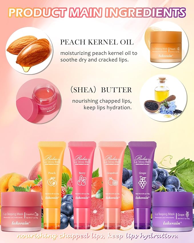 2Pcs Lip Glowy Balm & Lip Sleeping Mask Set,Hydrating Nourishing Repair Sleeping Lip Mask,Glossy Tinted Lip Balm,Day & Night Smooth Cracked Chapped Dry Lip,Lip Care Therapy Treatment for Women-01Peach-BrightBean Baby