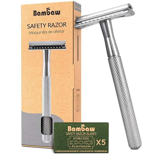 Bambaw Double Edge Safety Razor for Men & Women, Metal Razor with 5 Double Edge Safety Razor Blades, Eco-Friendly Razor – Silver-BrightBean Baby