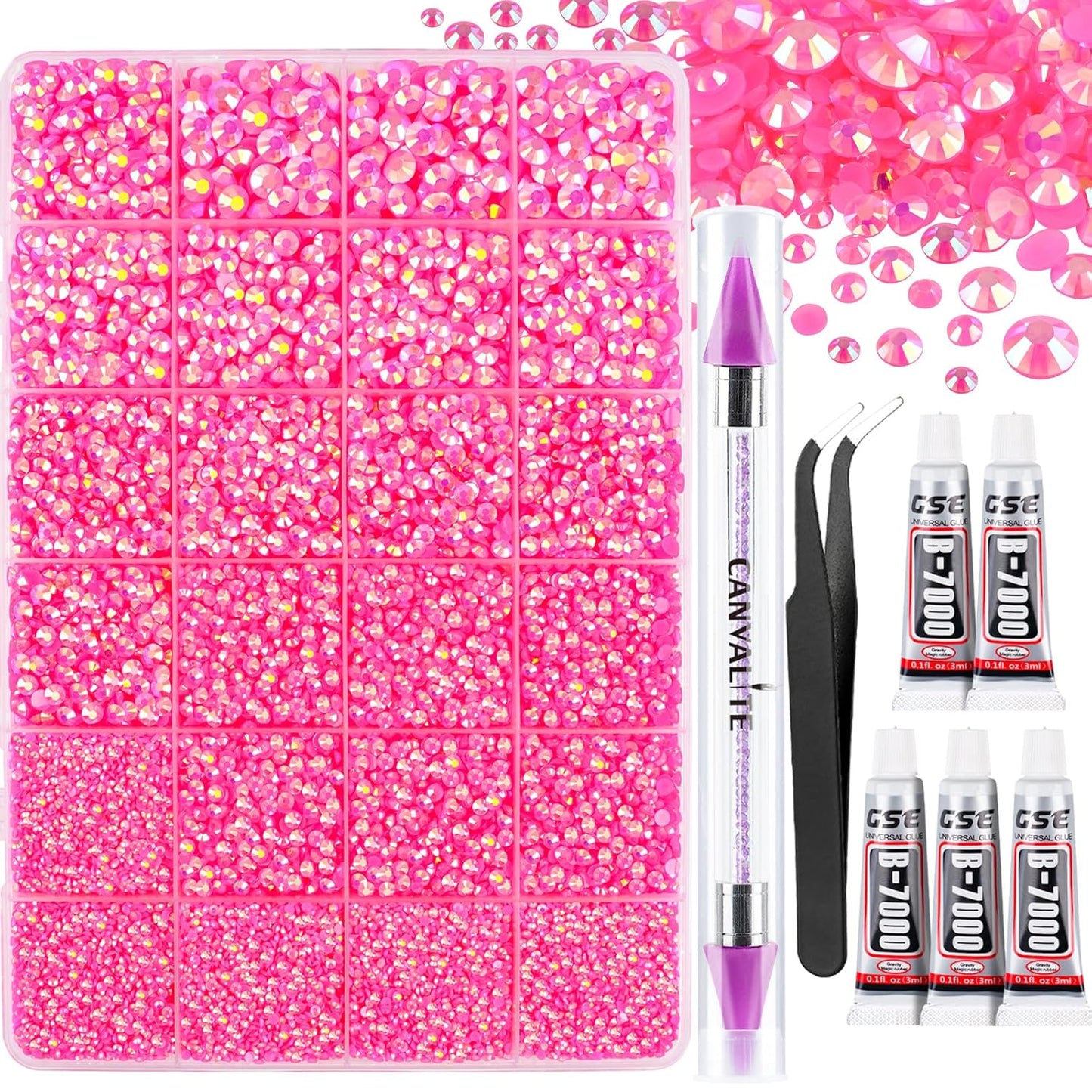 Canvalite 25000PCS Resin Jelly Rhinestones for Crafting,Hot Pink AB Flatback Gems, Bedazzling Crystal with 5x2.5g B7000 Jewelry Glue and Tweezers Dotting Pen for DIY Crafts Clothing Shoes Nail Art-BrightBean Baby