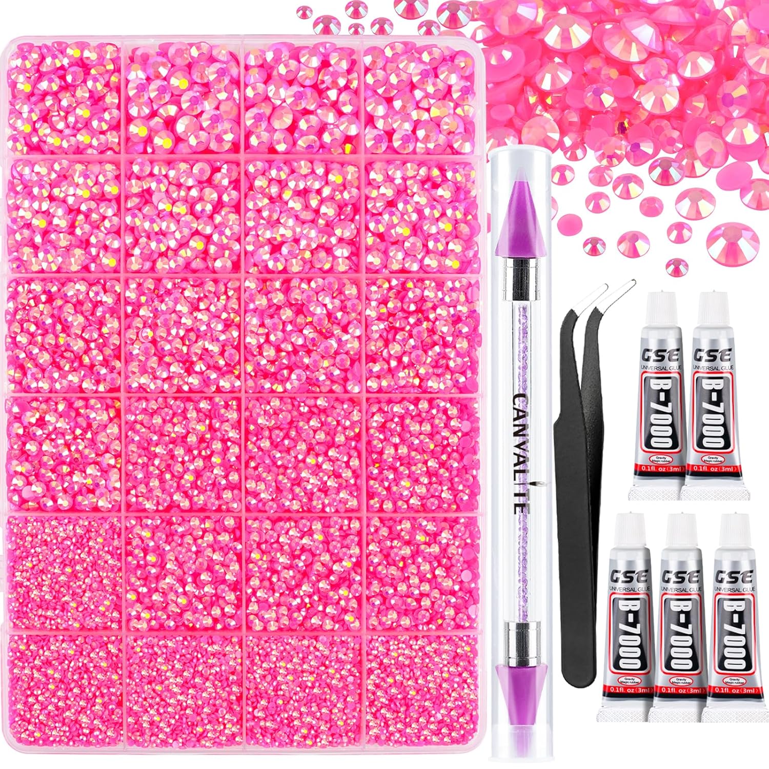 Canvalite 25000PCS Resin Jelly Rhinestones for Crafting,Hot Pink AB Flatback Gems, Bedazzling Crystal with 5x2.5g B7000 Jewelry Glue and Tweezers Dotting Pen for DIY Crafts Clothing Shoes Nail Art-BrightBean Baby