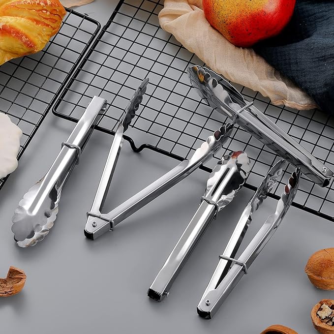 Meanplan 50 Pcs Small Stainless Steel Kitchen Tongs 7 Inch Food Serving Tongs Metal Cooking Clips High Heat Resistant Clips with Sliding Rings for Buffet Food Cooking Salad Grilling, Silver