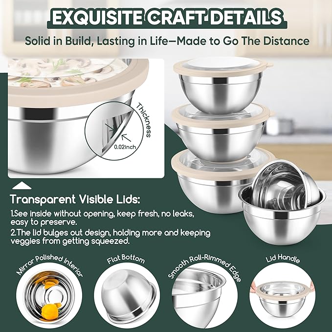 Herogo 5-Piece Mixing Bowls with Airtight Clear Lids, 3 Grater Attachments, Stainless Steel Salad Bowls for Kitchen, Size 4.6, 3.5, 2.5, 2, 1.5QT Ideal for Baking, Prepping and Serving, Khaki