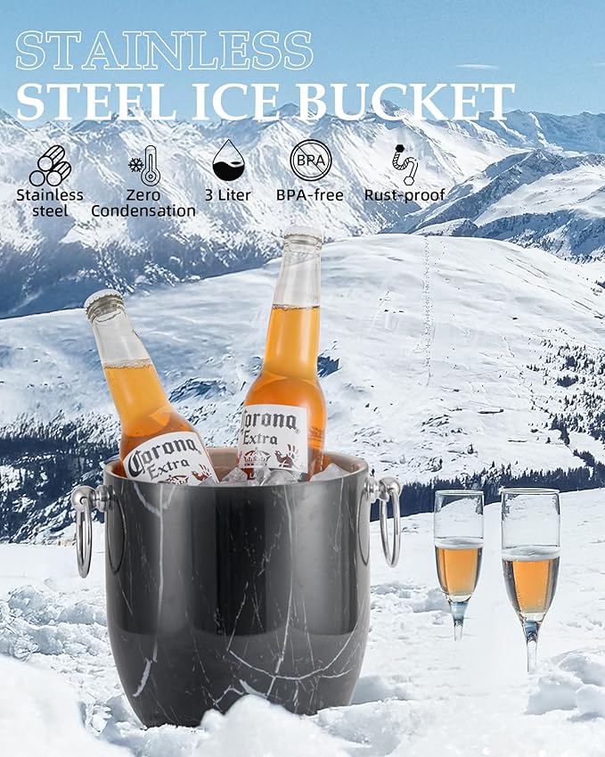 3 Liters Ice Bucket, Double Wall Stainless Steel, Insulated Ice Bucket, Including Strainer & Ice Cover Ice Tongs, Scoope,Black Marble