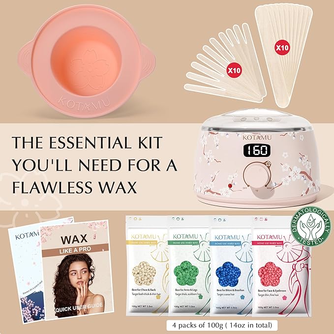 KOTAMU Waxing Kit for Women & Men, Wax Warmer for Hair Removal, Digital Wax Kit with Silicone Pot，Ideal for Face Eyebrow Arm Legs Armpit &Sensitive Skin, Cherry Waxing Machine for Home Salon Use-BrightBean Baby