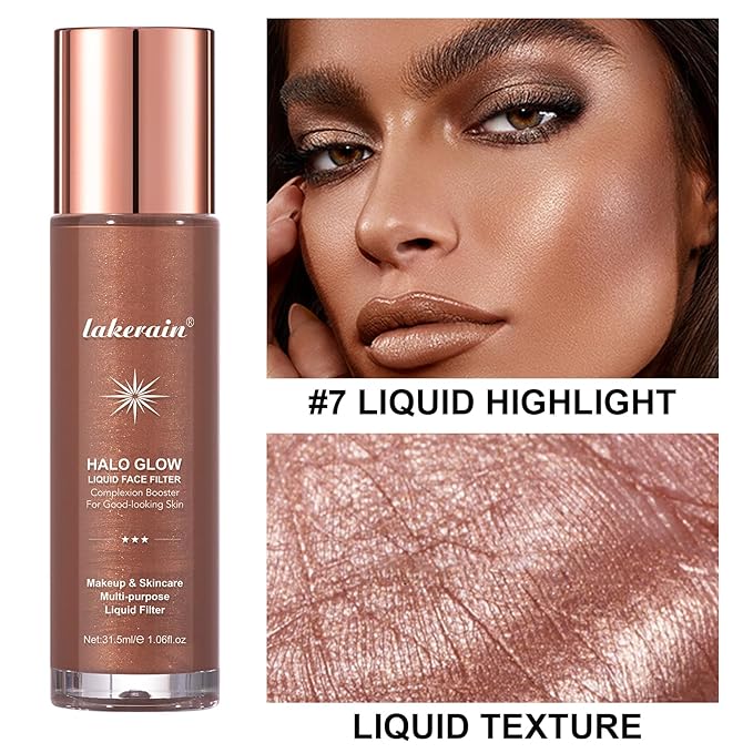 Natural Glow Liquid Filter Makeup, Longwear Face Luminizer, Complexion Booster For Any Part of the Body, Liquid Highlighter with Brush Kit, Infused Hyaluronic Acid, 1.06 fl oz (#07 DEEP/RICH)-BrightBean Baby