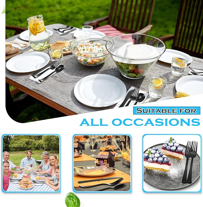 Minatee 150 Pieces Disposable Cutlery Set Plastic Silverware Heavy Duty Utensil Sets 50 Forks 50 Knives 50 Spoons for Home Office School Party Picnics Restaurant Outdoor Events(Black)