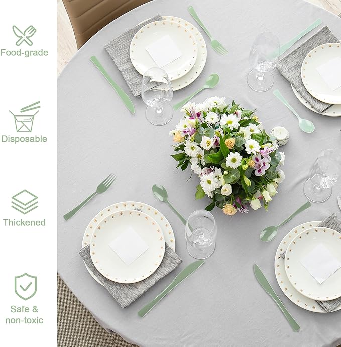 300 Pieces Sage Green Plastic Silverware Heavy Duty Plastic Cutlery Set Heavyweight Disposable Flatware Includes Spoons Forks Knifes for Birthday Party Prom Night Wedding Dinner
