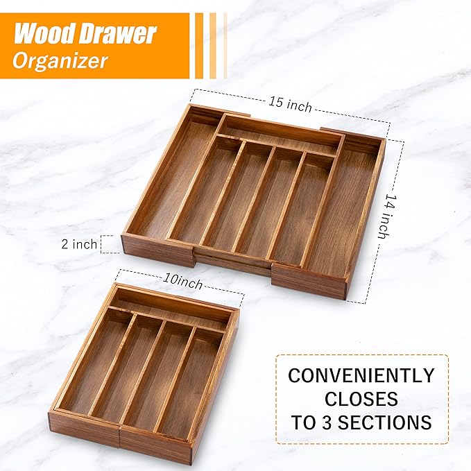 Bellsal Acacia Silverware Organizer Kitchen Drawer Organizer Expandable Bamboo Utensil Holder Cutlery Tray for Kitchen Utensil and Flatware Bedroom Office