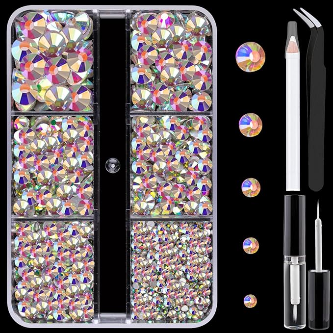 Colorful Face Gems for Makeup Set, Flatback Gorgeous Charming AB Glass Rhinestone with Makeup Glue+Picker Pencil+Tweezer for Eye Body Hair Make-up and Nail Art Deco-BrightBean Baby