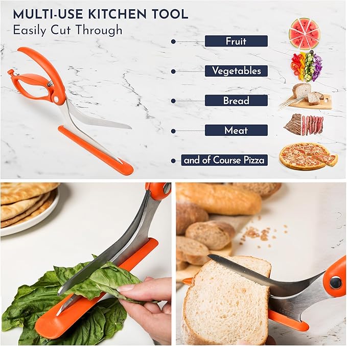 Loftern Orange Pizza Scissors - Non-Stick Pizza Scissors with Firm Grip Base - Food Grade Stainless Steel Pizza Cutter - 5-in-1 Food Slicer & Pizza Server - Durable, Safe & Mess Free