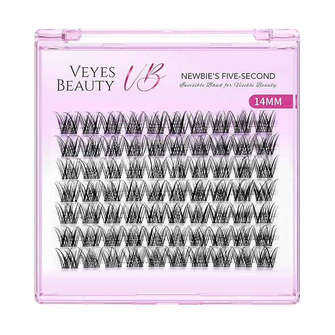 VEYESBEAUTY Lash Clusters Individual Eyelash Extensions Thin & Invisible Band DIY False Eyelashes for Self-application Newbie's Five-Second Series Wispy Lash Tray, LuxeBold 14mm Single Length-BrightBean Baby