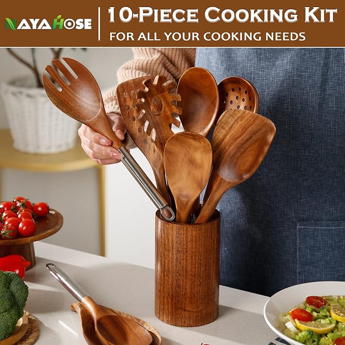 10PCS Wooden Spoons for Cooking, Spoons and Spatula Non Stick Set with Stainless Steel Handle, Teak Wooden Utensils Set with Holder & Spoon Rest, Kitchen Utensils for Non-Stick Cookware