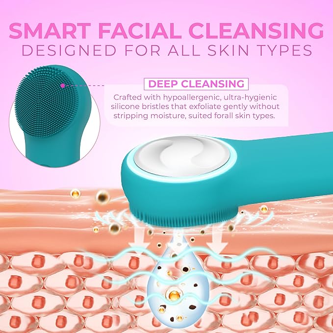 Electric Silicone Face Scrubber - 2-in-1 Facial Rotating Vibrating Exfoliating Brush - Waterproof & Portable, Rechargeable, for Cleaning, Exfoliation, Massage, Suitable for Men & Women (Green)-BrightBean Baby