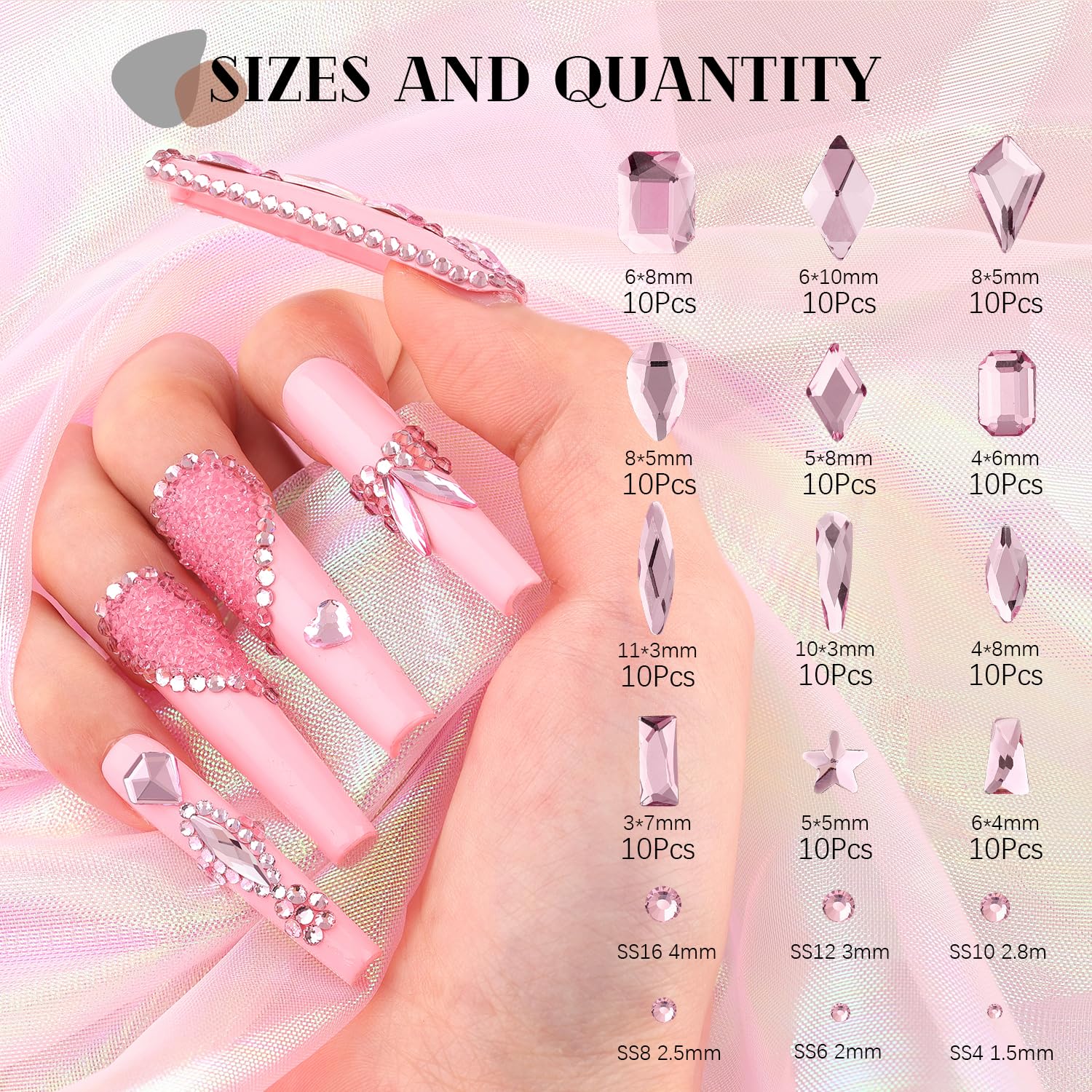 3220 Pink Glass Nail Rhinestones - Multi Shapes, Flatback Gems + 3100 Round Crystal with Glue Gel, Manicure Nail Charms for Art-BrightBean Baby