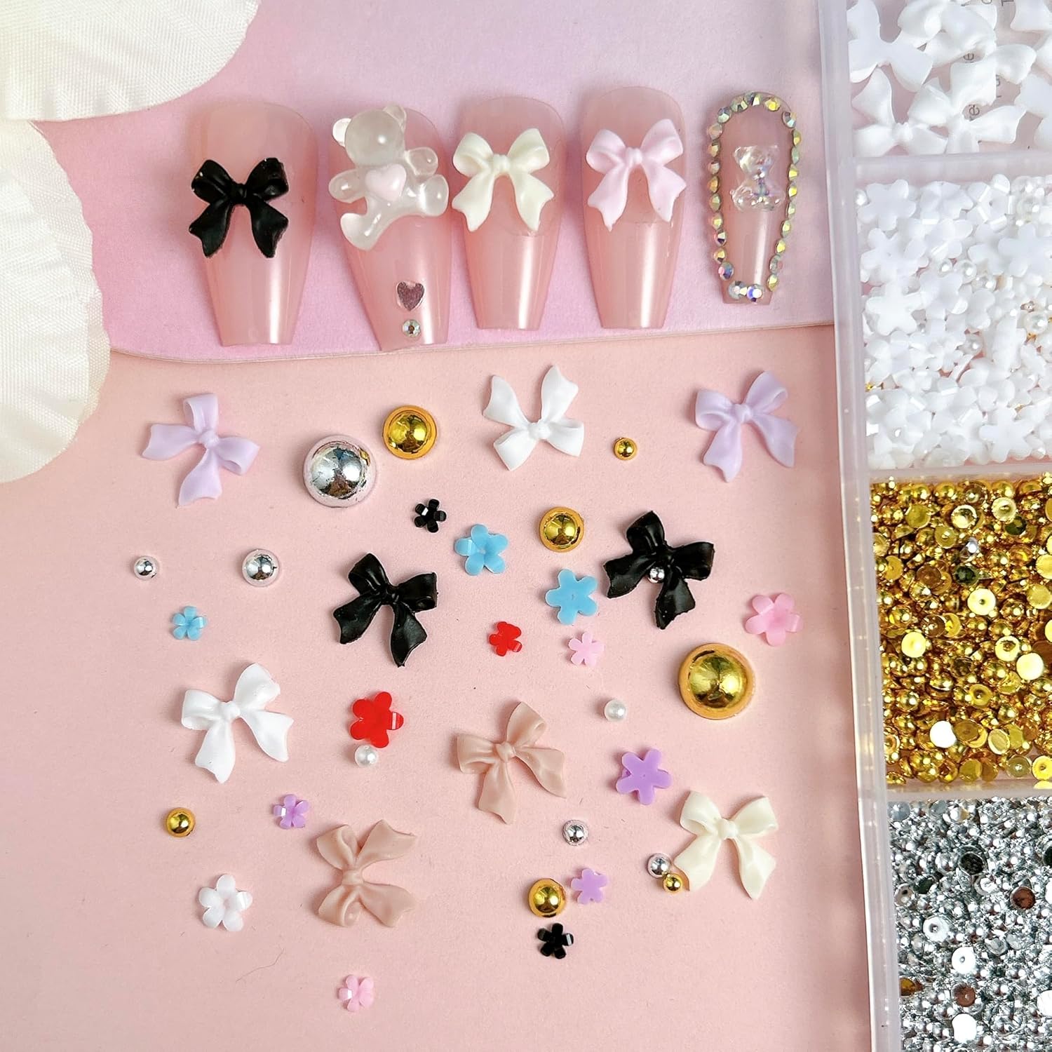 3D Bow Nail Charms Kit, Colorful Resin Flower Bowknot Nail Art, Mix Gold Silver Flatback Beads Charms for Manicure DIY Crafts Jewelry Accessories-BrightBean Baby