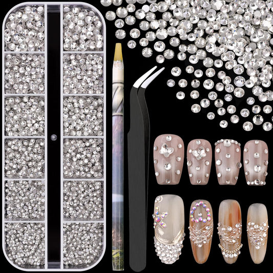 3600pcs Glass Transparent White Nail Rhinestones 6 Sizes(1.8/2/2.4/2.8/3/4mm) Flatback Crystal Nail Charms Jewels Decoration for Nail Art and Crafting, Tweezer and Pickup Pen included-BrightBean Baby