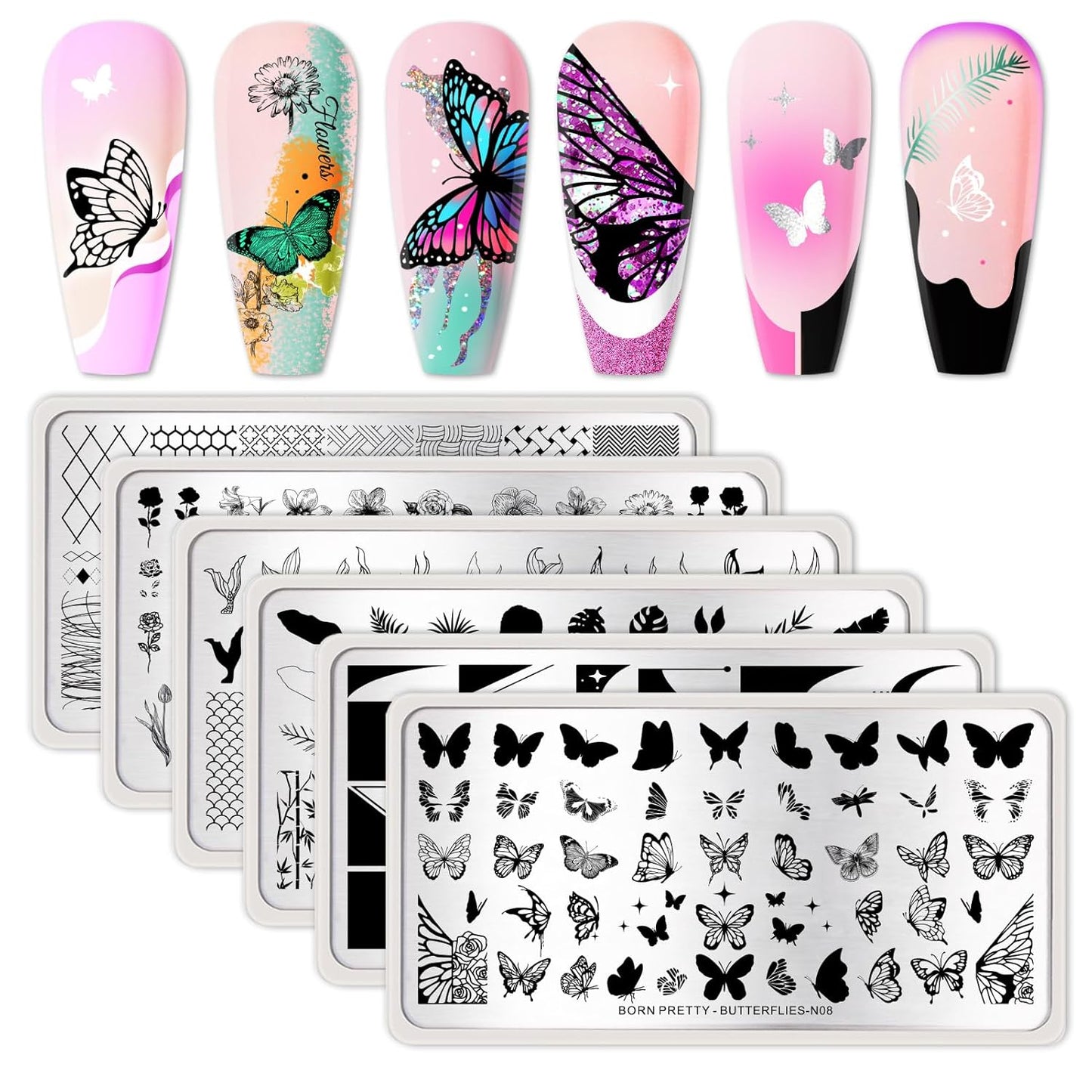 Born Pretty Nail Stamping Plates Set Nail Art Image Plates Plaid Flowers Leaves Geometric French Stamp Templates Kit Image Manicuring DIY Printing Tools 6PCS-BrightBean Baby