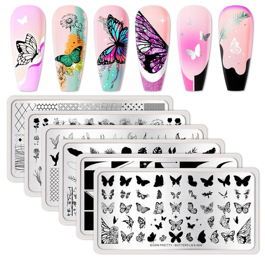 Born Pretty Nail Stamping Plates Set Nail Art Image Plates Plaid Flowers Leaves Geometric French Stamp Templates Kit Image Manicuring DIY Printing Tools 6PCS-BrightBean Baby