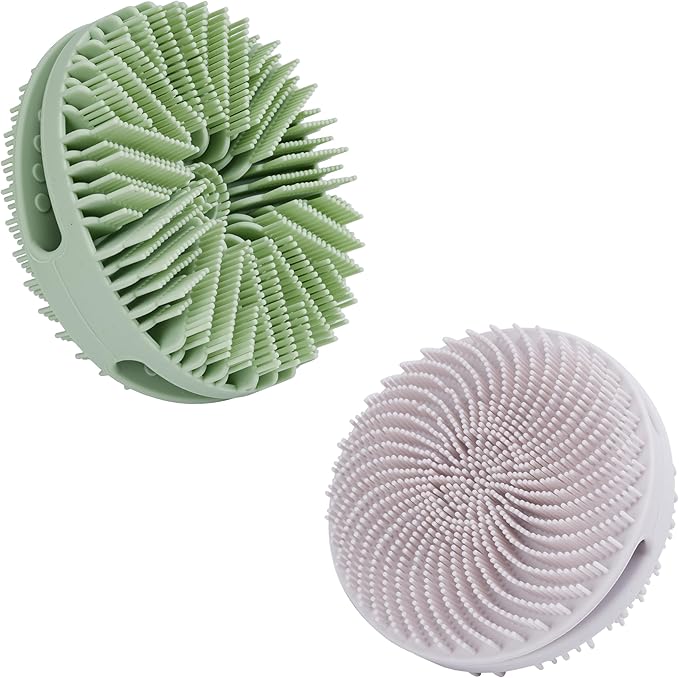 2 PC Silicone Exfoliating Body Scrubber, Silicone Body Shampoo Brush, Soft Silicone Loofah for Sensitive Skin, Shower Silicone Hair Scalp Massager, Easy to Clean, Lather Well(Gray&Green)-BrightBean Baby