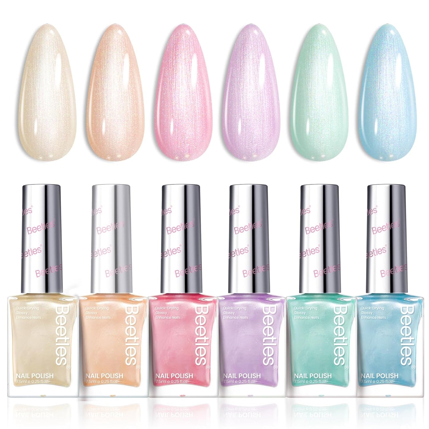 Beetles Nail Polish Set, 6 Colors Pearl Nail Polish Kit Pastel Pearl Shimmer Pink Orange Blue Green Dreamy Swirl Quick Dry Fingernail Polish Gifts for Women Salon DIY Manicure Kit-BrightBean Baby