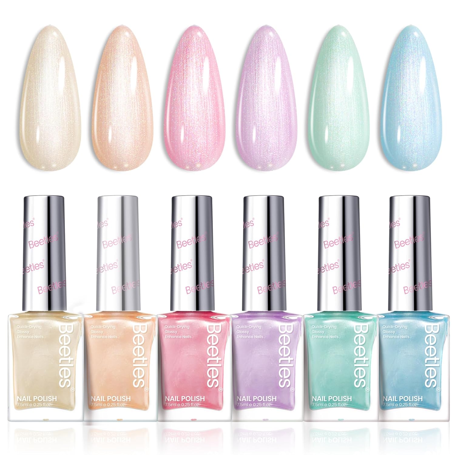 Beetles Nail Polish Set, 6 Colors Pearl Nail Polish Kit Pastel Pearl Shimmer Pink Orange Blue Green Dreamy Swirl Quick Dry Fingernail Polish Gifts for Women Salon DIY Manicure Kit-BrightBean Baby