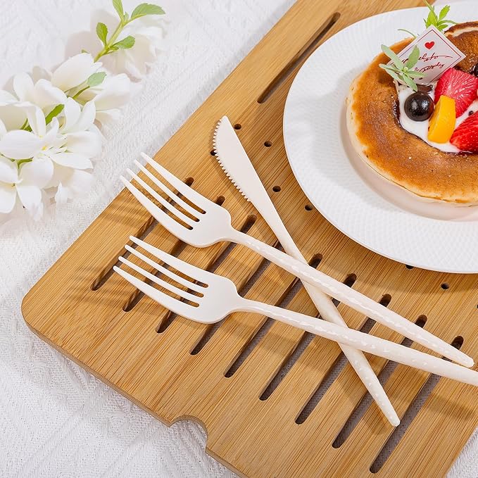 LIYH 150 Pcs Ivory Plastic Cutlery Sets - Ivory Plastic Silverware Heavyduty, Disposable Utensil Sets, 50 of Each Forks, Knives & Spoons Flatware Set for Party Birthday