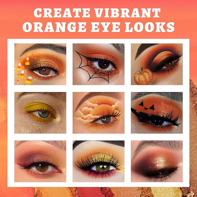 UCANBE Orange Eyeshadow Makeup Palette, 15 Colors Vibrant Shimmer Matte Glitter Eye Shadow Pallet, High Pigmented Warm Yellow Sunset Red Coral for Fall Cosplay Halloween Costume Parties Pumpkin Makeup-BrightBean Baby