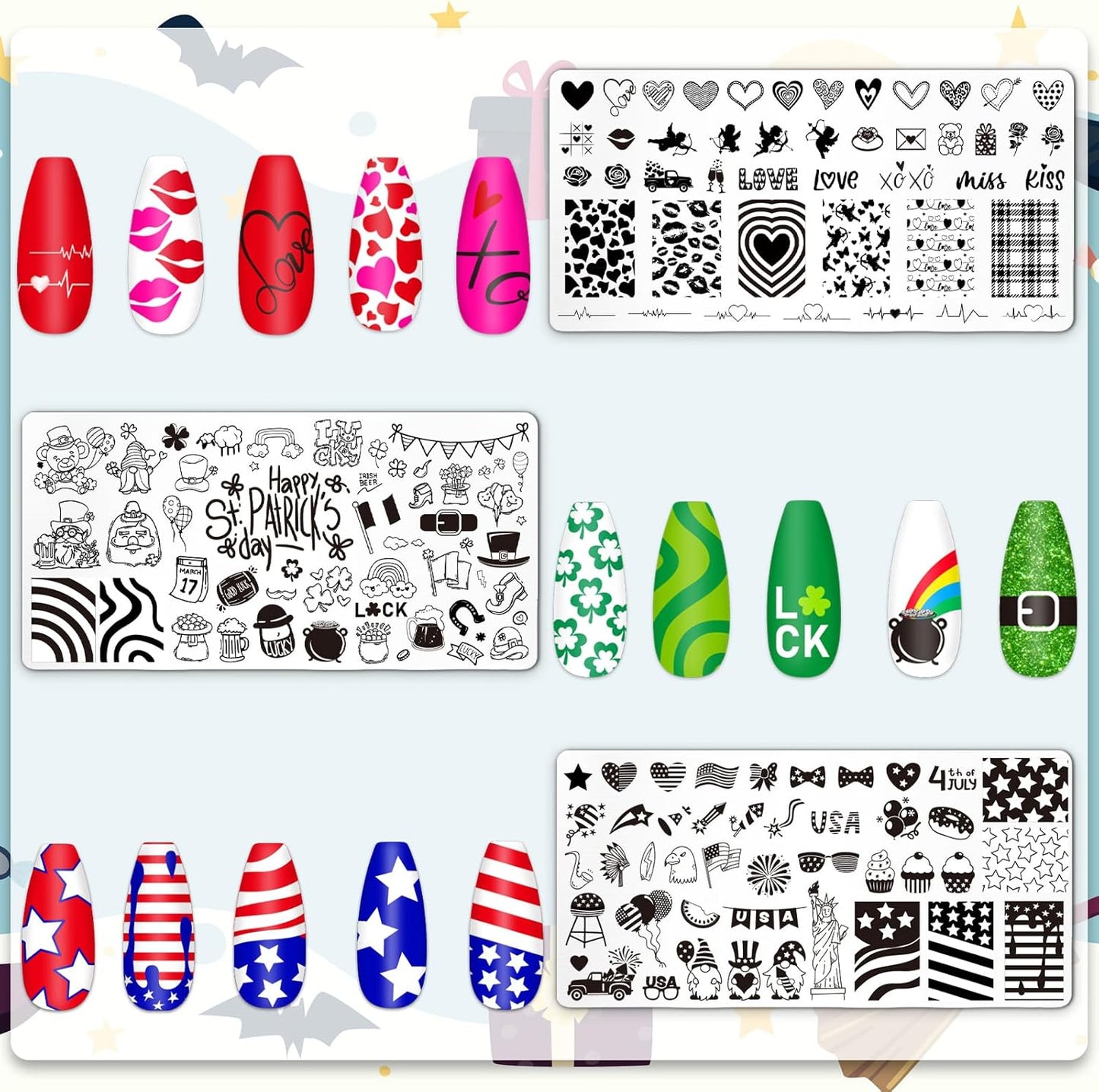 Whaline 6Pcs All Holiday Nail Art Plates Valentines StampTemplates Set Winter Christmas Fall Nail Plates Stamping for Xmas DIY Print Manicure Salon Design Gift-BrightBean Baby