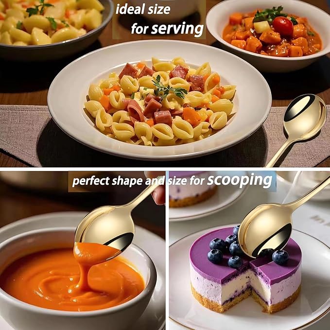 7" Round Soup Spoons Set of 4,18/10 Stainless Steel Heavy Duty with Deep Bowl,Fine Mirror Polished,Dishwasher Safe(Gold)