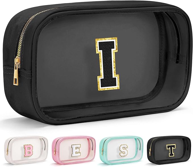 YOOLIFE Initial Make Up Bag Travel Toiletry Bag for Women, Clear Makeup Bag Organizer Cosmetic Bags Travel Essentials Gifts for Women Teen Girlfriend Teacher Mom Birthday Mothers Day Gifts Black I-BrightBean Baby