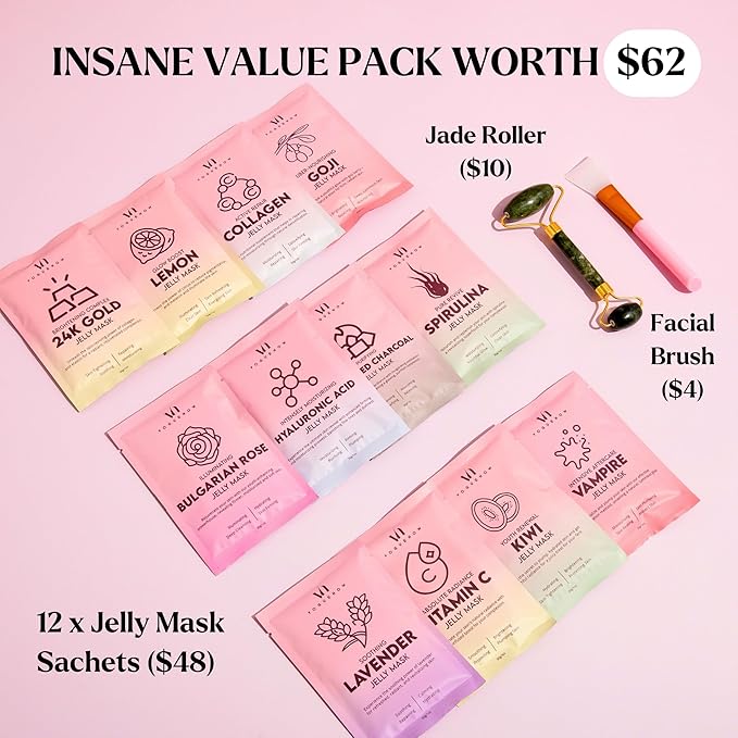 Jelly Mask for Facials - 12 Flavors Hydrating & Brightening Jelly Face Masks | Free Jade Roller & Spatula | Bulgarian Rose, Lavender, Hyaluronic Acid, 24K Gold face mask skin care |Vajacial Jelly Mask-BrightBean Baby