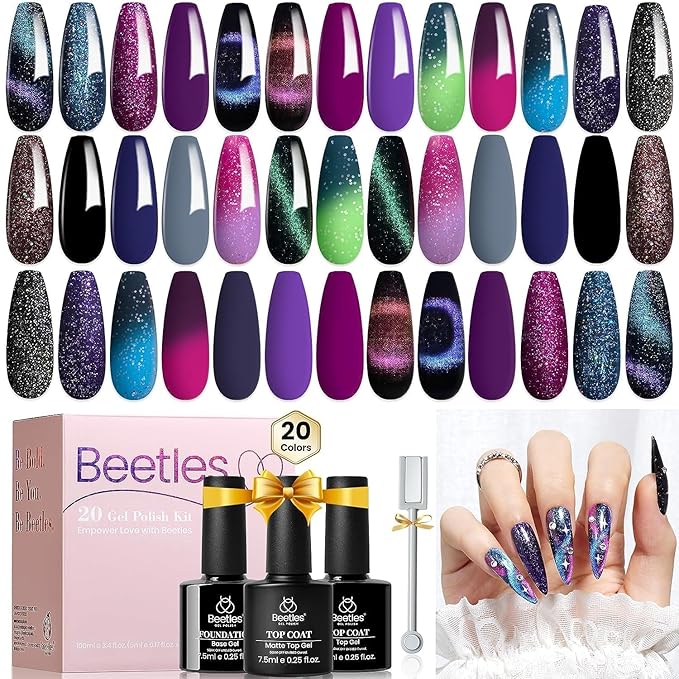 Beetles Cat Eye Gel Polish Set - 24Pcs 20 Colors Glitter Dark Color Changing Gel Nail Polish Kit with Base Gel Glossy Matte Top Coat Soak off UV DIY Nail Art Salon Ombre Black Nails Gift-BrightBean Baby