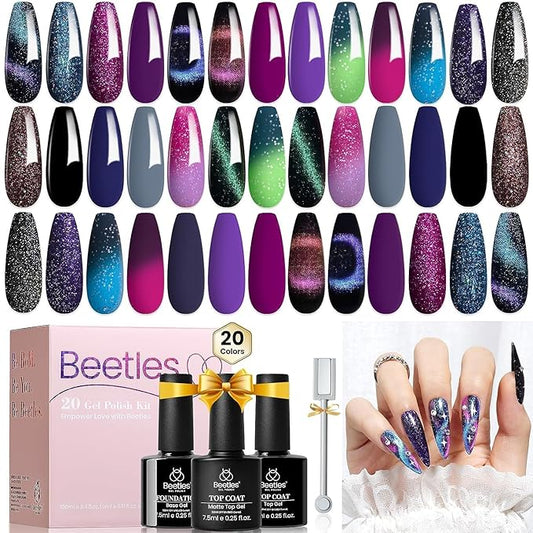 Beetles Cat Eye Gel Polish Set - 24Pcs 20 Colors Glitter Dark Color Changing Gel Nail Polish Kit with Base Gel Glossy Matte Top Coat Soak off UV DIY Nail Art Salon Ombre Black Nails Gift-BrightBean Baby