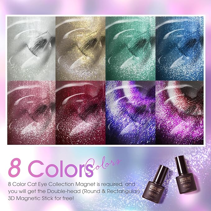 ROSALIND Cateye Gel Polish, 8 Colors Holographic Magnetic Cat Eye Gel Nail Polish Set with Magnet, Red Blue Purple Black Gel Polish Galaxy Collection Nail Art Gift DIY at Home-BrightBean Baby