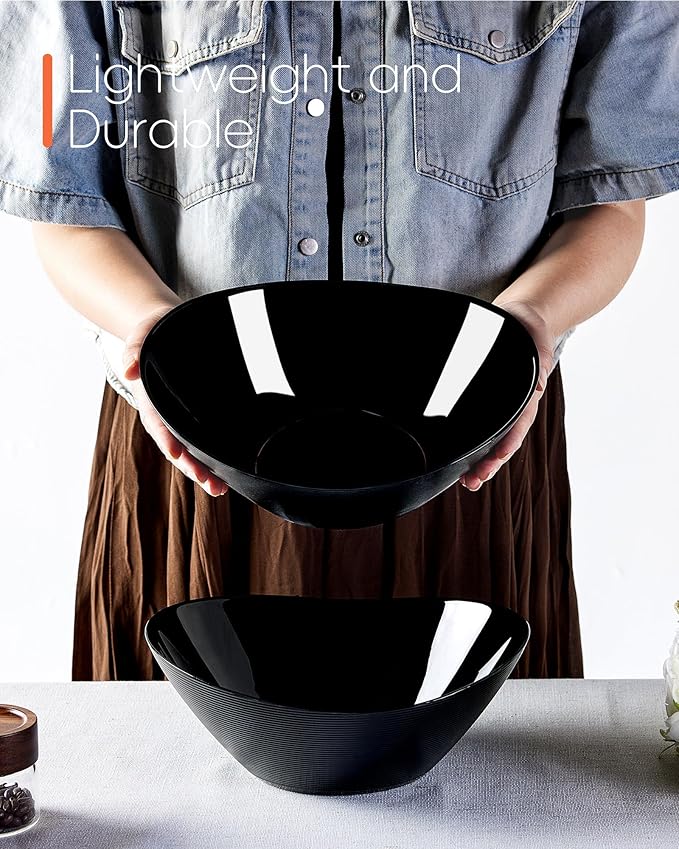 66 OZ Salad Bowl Set of 2, Opal Glass 10 inch Lightweight Serving Dishes for Salad, Fruit, Kitchen Microwave & Dishwasher Safe, Oval Shape Black