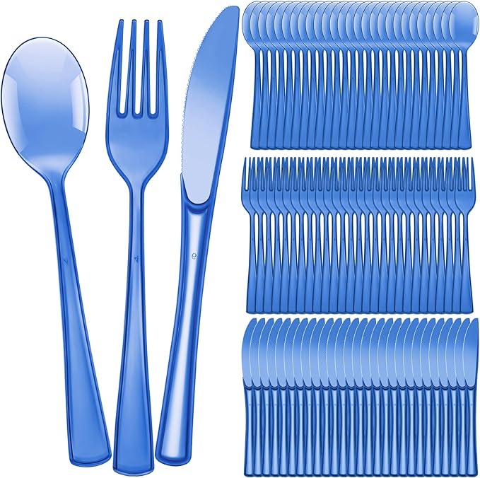Minatee 150 Pieces Disposable Cutlery Set Plastic Silverware Heavy Duty Utensil Sets 50 Forks 50 Knives 50 Spoons for Home Office School Party Picnics Restaurant Outdoor Events(Blue)