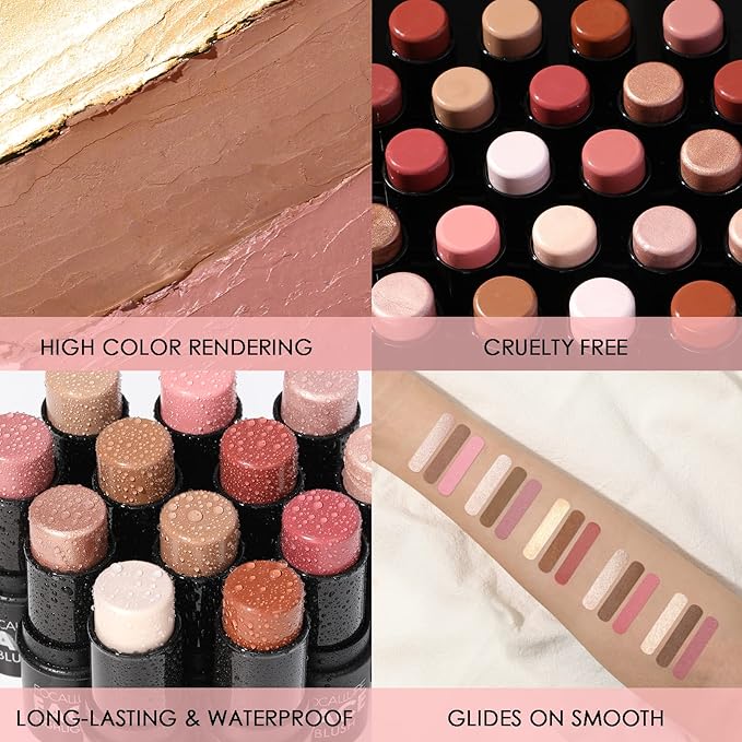 FOCALLURE 3 Pcs Cream Contour Sticks,Shades with Highlighter & Bronzer & Blush,Non-greasy Long-wear Face Contouring Pen,Easy to Sculpt the Face and Create a Lightweight Finishing Makeup,MEDIUM-WARM-BrightBean Baby