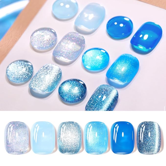 Born Pretty Gel Nail Polish Blue Series,Jelly Transparent,Cat Magnetic Eye,Shimmer Glitter Holographic Blue Gel Polish Kit for Salon Manicure and Nail Art DIY at Home 6Colors-BrightBean Baby