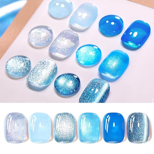 Born Pretty Gel Nail Polish Blue Series,Jelly Transparent,Cat Magnetic Eye,Shimmer Glitter Holographic Blue Gel Polish Kit for Salon Manicure and Nail Art DIY at Home 6Colors-BrightBean Baby
